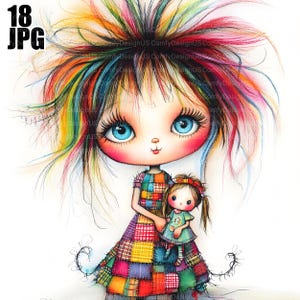 Quirky Doll Clip Art, Colorful Doll, 18 High Res Watercolor JPGs for Junk Journaling, Scrapbooking, Card Making, Digital Download, Whimsical