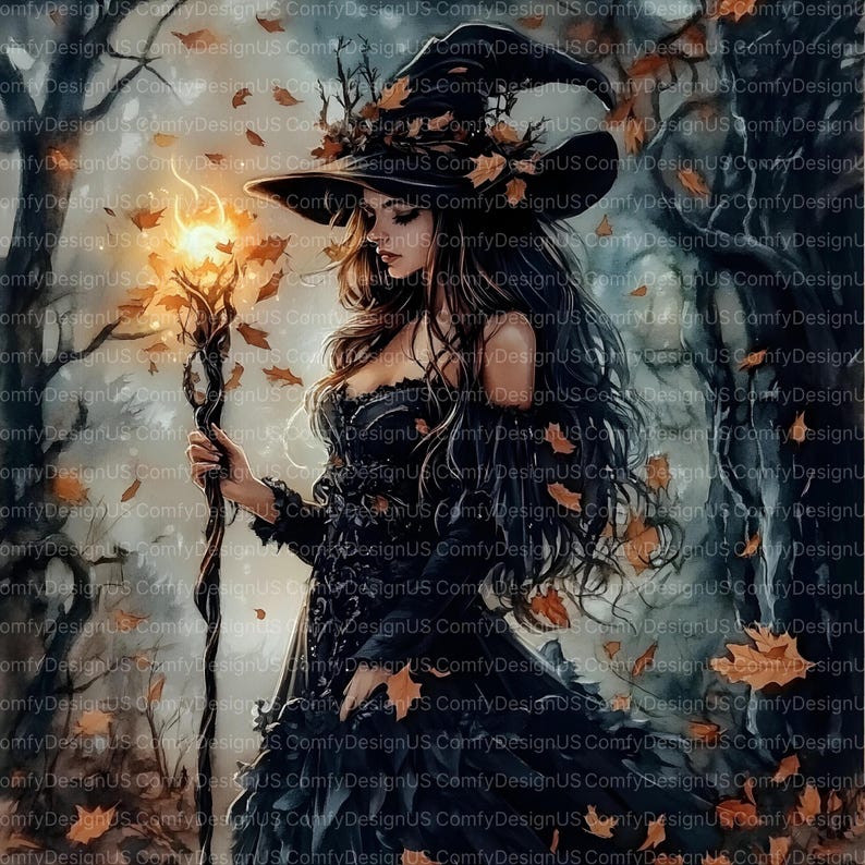 May include: Digital art of a woman in a black dress and hat, holding a staff with a glowing orb. The witch-like figure is in a forest setting with falling autumn leaves. The image has a fantasy theme.