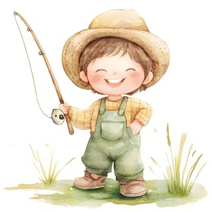 Clipart petit pêcheur, petit garçon pêcheur, 12 fichiers JPG de haute qualité, clipart aquarelle imprimable, décoration de chambre d'enfant, bébé mignon, usage commercial