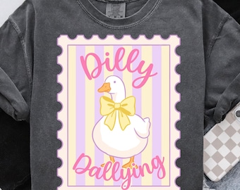 Preppy Dilly Dally Goose PNG, Coquette Bow Goose Sublimation Design, Funny Goose Stamp Png, Retro Striped Bow Png, Trendy Goose Shirt