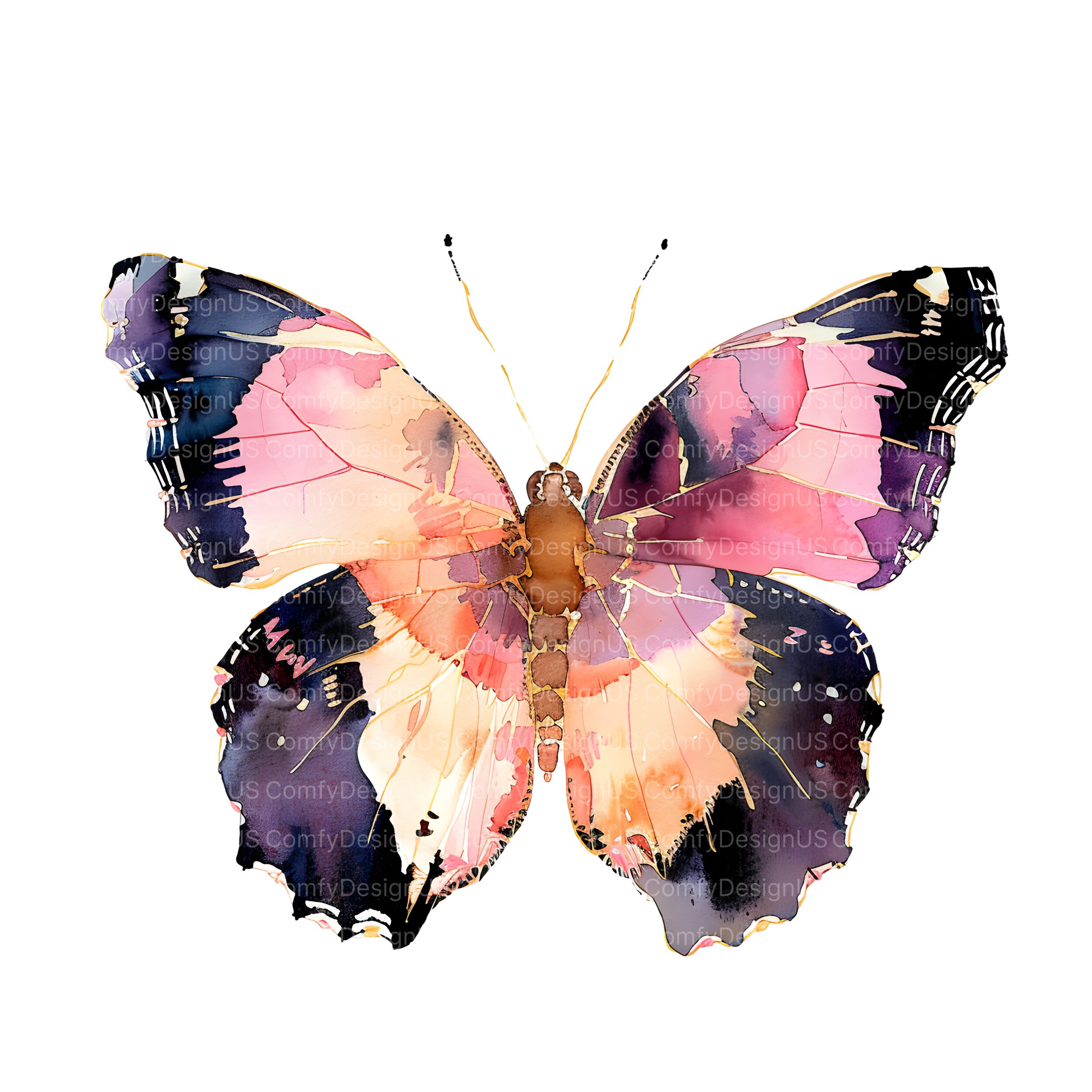 Pink Golden Butterfly Clipart, Watercolor Butterfly, Pink Butterfly ...