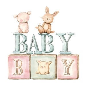 Aquarell Baby Blöcke Clipart, 13 hochwertige JPGs, Kinderzimmer Dekor, Plüsch Häschen, Baby Spielzeug, Holzklötze, Babyparty, kommerzielle Nutzung