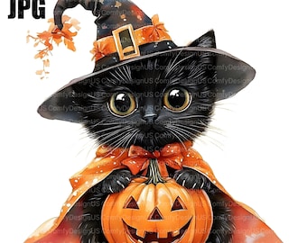 20 Halloween Black Cat Clipart, Cute Cat Clipart, Cute Halloween Clipart, Pumpkin Clipart, Junk Journal, Paper Craft, Digital Download, JPG