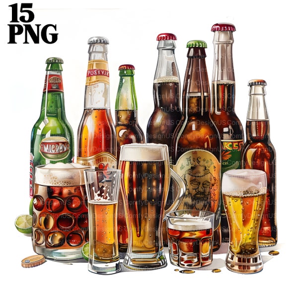 15 Beer Clipart, Beer Bottle, Beer Glass, Beer Ale Glasses, Beer Clipart PNG, Printable Watercolor Clipart, High Quality PNGs, Digital