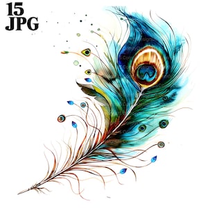 15 Peacock Feather Clipart, Peacock Clipart, Watercolor Peacock, Printable Watercolor Clipart, High Quality JPGs, Digital Download, Journal