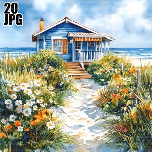 Paquete de imágenes prediseñadas de paisajes de casas de playa, 20 archivos JPG de acuarela de alta calidad, imágenes prediseñadas de vacaciones, playa, diario basura, álbum de recortes, descarga digital