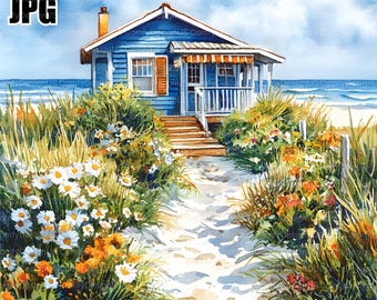 May include: A watercolor painting of a blue beach house with a white picket fence and a path leading to the front door. The house is surrounded by lush green grass and flowers.