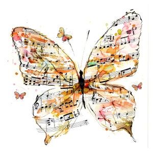 May include: Watercolor painting of a butterfly with musical notes and symbols on its wings. The butterfly is orange, yellow, and pink with black accents. There are three smaller butterflies in the background.