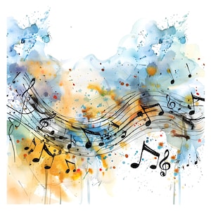 May include: Watercolor background with blue, yellow, and orange splatters. Black musical notes and a treble clef are arranged in a flowing pattern on a staff.