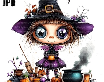 20 Cute Witch With Cauldron and Potions Clipart, Halloween Witch Clipart, Witchcraft Clipart, Junk Journal, Digital Download, Pintable JPG