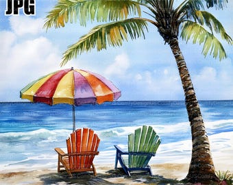 20 Watercolor Tropical Beach Clipart, Summer Beach Clip Art, Vacation Scenery, Ocean Beach, Ocean Clipart, Palm Tree Clipart, Clip Art, JPG