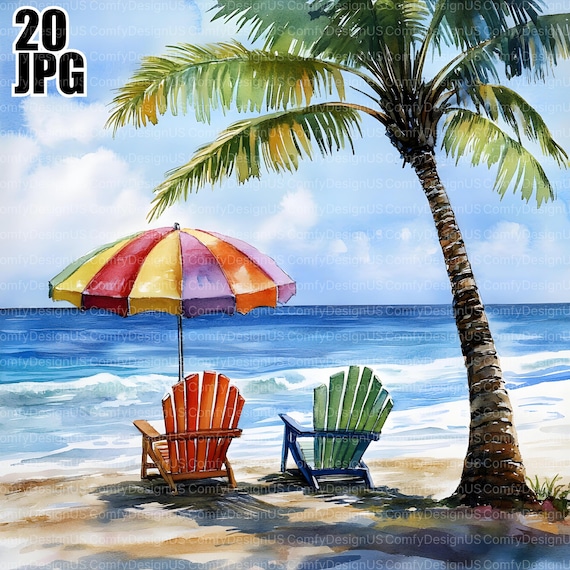 20 Watercolor Tropical Beach Clipart, Summer Beach Clip Art, Vacation Scenery, Ocean Beach, Ocean Clipart, Palm Tree Clipart, Clip Art, JPG