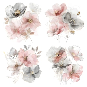 Pu&ograve; includere: Quattro bouquet di fiori ad acquerello con fiori rosa e grigi e dettagli dorati. I fiori sono disposti in uno stile sciolto e fluido, e i dettagli dorati aggiungono un tocco di eleganza.