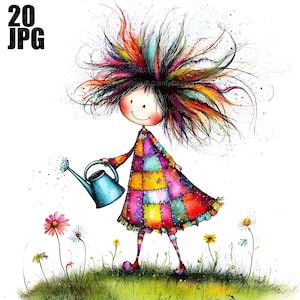 20 imágenes prediseñadas de jardinería extravagantes, imágenes prediseñadas de jardín, regadera, niña extravagante, niña caprichosa, flores extravagantes, niña en el jardín, diario basura, JPG
