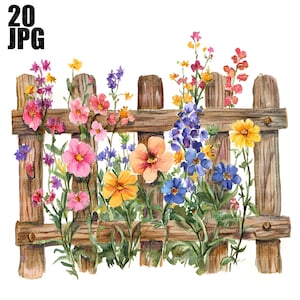 Może przedstawiać: Aquarela przedstawiająca drewniane ogrodzenie z kolorowymi kwiatami rosnącymi przez nie. Kwiaty są w odcieniach różowego, fioletowego, niebieskiego, żółtego i pomarańczowego.