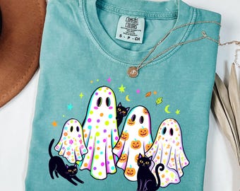 Preppy Halloween Ghost and Cat PNG, Colorful Leopard Ghost Png, Viral Preppy Girly Ghost Png, Retro Halloween Png, Black Cat Sublimation Png