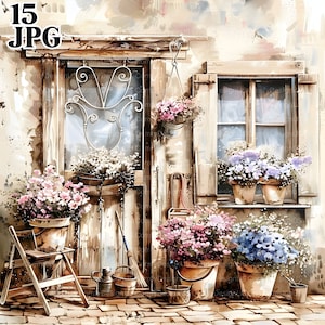 15 Clipart da giardino, giardino shabby chic, negozio di fiori vintage, clipart acquerello stampabile, JPG di alta qualità, download digitale, diario spazzatura
