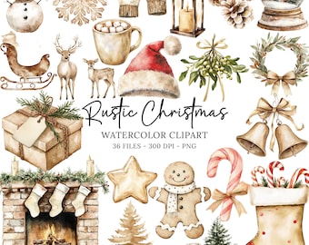 Watercolor Rustic Christmas Clipart, Christmas Tree Clipart, Boho Christmas PNG Bundle, Cozy Christmas Clipart Watercolor Christmas Clip Art