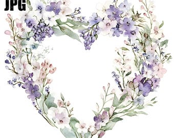 18 blommiga hjärtan Clipart, lila Clipart, lila krans Clipart, kvalitets-JPG:er, akvarell Clipart, skräpjournal, digital nedladdning, pappershantverk