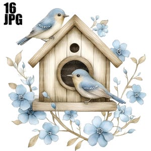 Casa de Pássaros com Flores Clipart Bundle, Pássaro Clipart, 16 JPGs de Alta Qualidade, Artesanato, Criação de Cartões, Clip Art, Artesanato em Papel, Scrapbooking