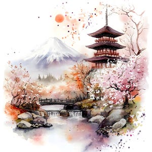 May include: Watercolor painting of a Japanese landscape with a pagoda, cherry blossoms, a mountain, and a river. The pagoda is red and white with a black roof. The cherry blossoms are pink and white. The mountain is white with a blue sky behind it. The river is blue and flows through the landscape.