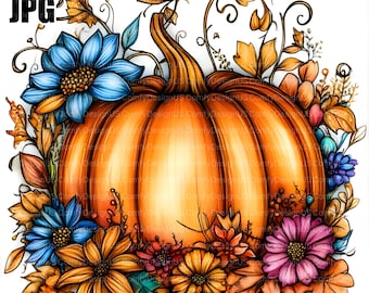 16 Calabazas de acuarela con flores, imágenes prediseñadas de calabazas florales de otoño, cosecha de otoño, diario basura, descarga digital, manualidades de papel, JPG