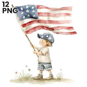 USA Flag Clipart, Kid with USA Flag, USA Flag Png, Flag Sublimation, Watercolor Clipart, High Quality PNGs, Digital Download, Paper Craft