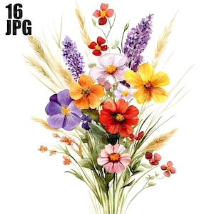 16 Wildflowers Bouquet Clipart, Wild Flowers Clipart, High Quality JPGs, Watercolor Clipart, Junk Journal, Digital Download, Paper Craft