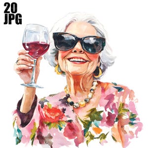Femme âgée, boire du vin rouge des cliparts, des cliparts grand-mère, 20 JPG de haute qualité, des cliparts aquarelle, Junk Journal, créations en papier téléchargement numérique