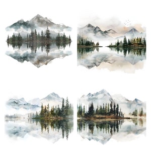 K&ouml;nnte beinhalten: Vier Aquarelle von Gebirgsz&uuml;gen mit B&auml;umen und einem See, der die Landschaft widerspiegelt. Die Berge sind in Blaut&ouml;nen und Grau gemalt, mit Spuren von wei&szlig;em Schnee. Die B&auml;ume sind tiefgr&uuml;n, und der See ist hellblau mit einer Reflexion der Berge und B&auml;ume.