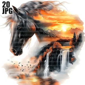 Horse Nature Clipart, 20 High Quality JPGs, Horse Clipart, Landscape Clipart, Watercolor Clipart, Junk Journal, Digital Download, Clip Art