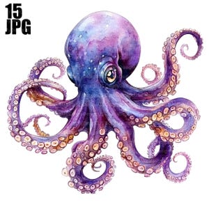 15 Octopus Clipart, Watercolor Octopus, Ocean Clipart, High Quality JPGs, Watercolor Clipart, Junk Journal, Digital Download, Paper Craft
