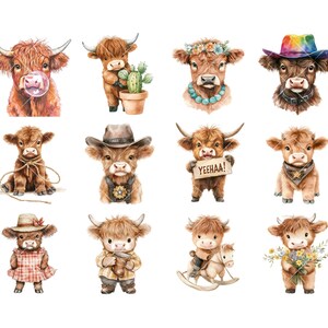 Pu&ograve; includere: Un set di 10 illustrazioni ad acquerello di mucche Highland in varie pose e abiti. Le mucche indossano cappelli, tengono cartelli e cavalcano cavalli a dondolo. Le illustrazioni sono perfette per l'uso nello scrapbooking, nella creazione di biglietti e in altri progetti di artigianato.