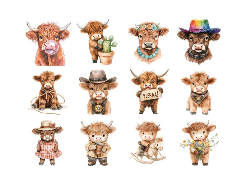 Pu&ograve; includere: Un set di 10 illustrazioni ad acquerello di mucche Highland in varie pose e abiti. Le mucche indossano cappelli, tengono cartelli e cavalcano cavalli a dondolo. Le illustrazioni sono perfette per l'uso nello scrapbooking, nella creazione di biglietti e in altri progetti di artigianato.