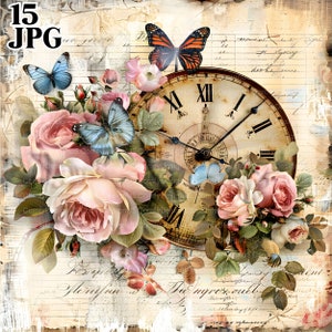 15 imágenes prediseñadas de reloj floral, imágenes prediseñadas de papel vintage, Shabby Chic, imágenes prediseñadas de acuarela imprimibles, JPG de alta calidad, descarga digital, diario basura