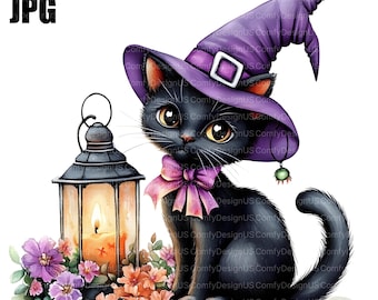 16 Halloween Cat Clipart, Cute Cat, Cute Halloween Clipart, High Quality JPG, Watercolor Clipart, Junk Journal, Digital Download Paper Craft