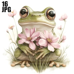 May include: A green frog with large brown eyes sits on a bed of green grass and pink flowers. The frog is holding two pink flowers in its front paws.
