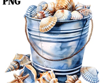 Seashells in a Bucket Clipart Bundle, Summer Sea Art, Bucket Clipart, High Quality Watercolor PNGs, Craft, Journaling, Digital Download