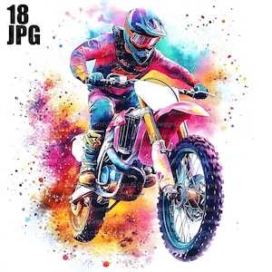 18 Dirt Bike Clipart, Motocross Clipart, Motorcycle Clipart, High Quality JPG, Watercolor Clipart, Junk Journal Digital Download Paper Craft