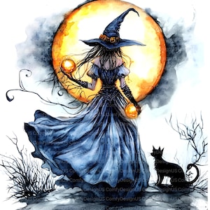 May include: Watercolor illustration of a witch in a blue dress and hat, holding glowing orbs, with a large orange moon in the background. A black cat sits nearby. The artwork has a spooky, Halloween theme.