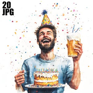 20 clipart de aniversário peculiares, designs de homem de aniversário, JPGs de alta qualidade, clipart de aquarela, diário de lixo, download digital, artesanato em papel