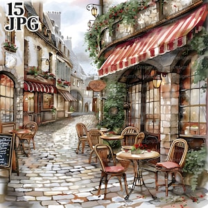 15 Clipart caffè, clipart caffetteria, clipart vicolo stretto, vicolo stradale, città europea, clipart acquerello stampabile, JPG di alta qualità