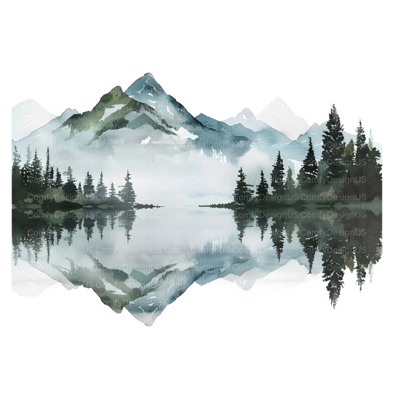 K&ouml;nnte beinhalten: Ein Aquarellbild einer Bergkette mit einem See im Vordergrund. Die Berge sind hellblau und gr&uuml;n, der See ist hellblau. Das Bild ist in einem minimalistischen Stil gehalten, mit einfachen Linien und Formen.