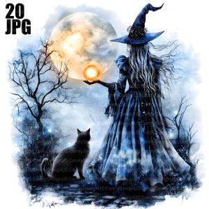 May include: Digital art of a witch in a blue dress and hat, holding a glowing orb. A black cat sits nearby, with a full moon in the background. The image has a mystical, fantasy theme.