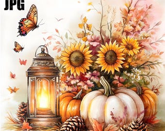 20 Autumn Flowers and Lanterns Clipart, Shabby Chic, Floral Pumpkin Clipart, Junk Journal, Digital Download, Paper Craft, Watercolor JPG