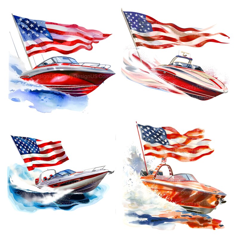 Pu&ograve; includere: Quattro motoscafi rosso, bianco e blu con bandiere americane che sventolano dietro di loro. Le barche stanno correndo sull'acqua, creando onde bianche. Le barche sono dipinte in uno schema di colori rosso, bianco e blu.