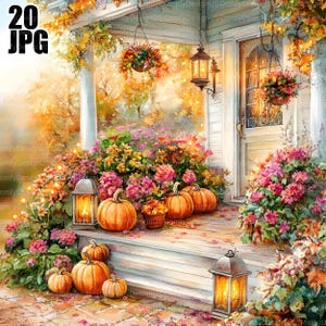 Op de afbeelding: Een aquarel schilderij van een veranda versierd voor de herfst. Oranje pompoenen, lantaarns en kleurrijke bloemen sieren de trappen. De veranda wordt omlijst door herfstbladeren en hangmanden.