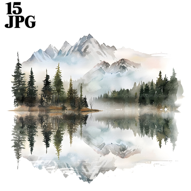 K&ouml;nnte beinhalten: Ein Aquarellbild einer Bergkette, die sich in einem stillen See spiegelt. Die Berge sind mit Schnee und Nebel bedeckt, und die B&auml;ume sind dunkelgr&uuml;n. Das Wasser ist hellblau und spiegelt den Himmel und die Berge wider.