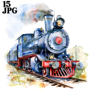 15 Cartoon Lokomotiven Clipart, antiker Zug, Cartoon Zug, druckbare Aquarell Clipart, hochwertige JPGs, digitaler Download Junk Journal