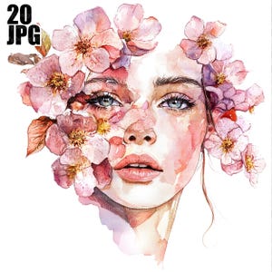 20 Clipart di volti femminili floreali, Clipart di volti di donne, JPG di alta qualità, Clipart di acquerelli, Diario spazzatura, Download digitale di clipart di artigianato di carta